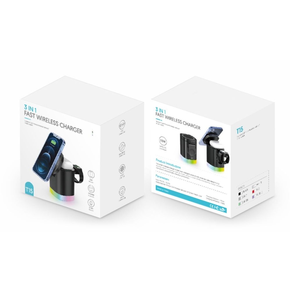 Беспроводная док-станция 3в1 T15 3in1 15W+5W+3.5W, черная