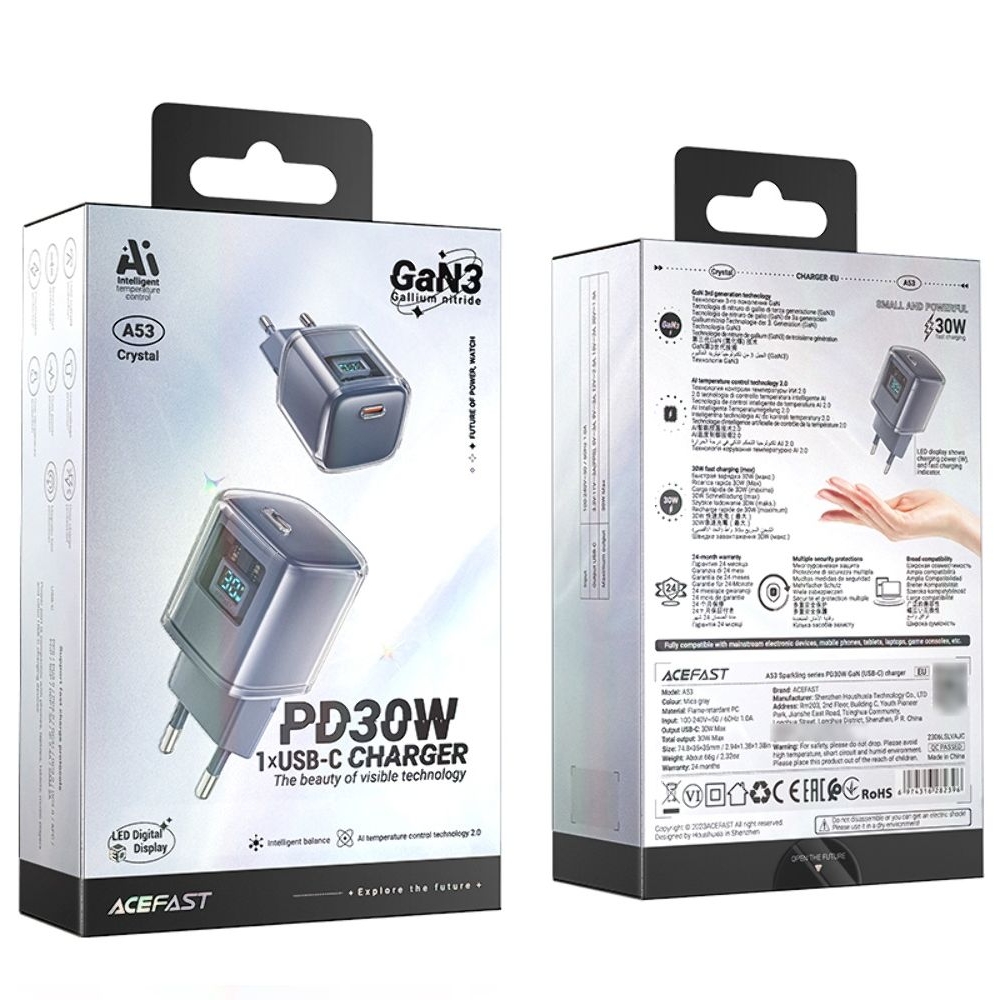 Сетевое зарядное устройство Acefast A53, Type-C , Power Delivery (30 Вт), серое