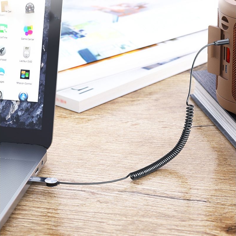 AUX кабель Hoco DUP02, Bluetooth to Jack 3.5 пружинный автомобильного аудиоресивера, чорний