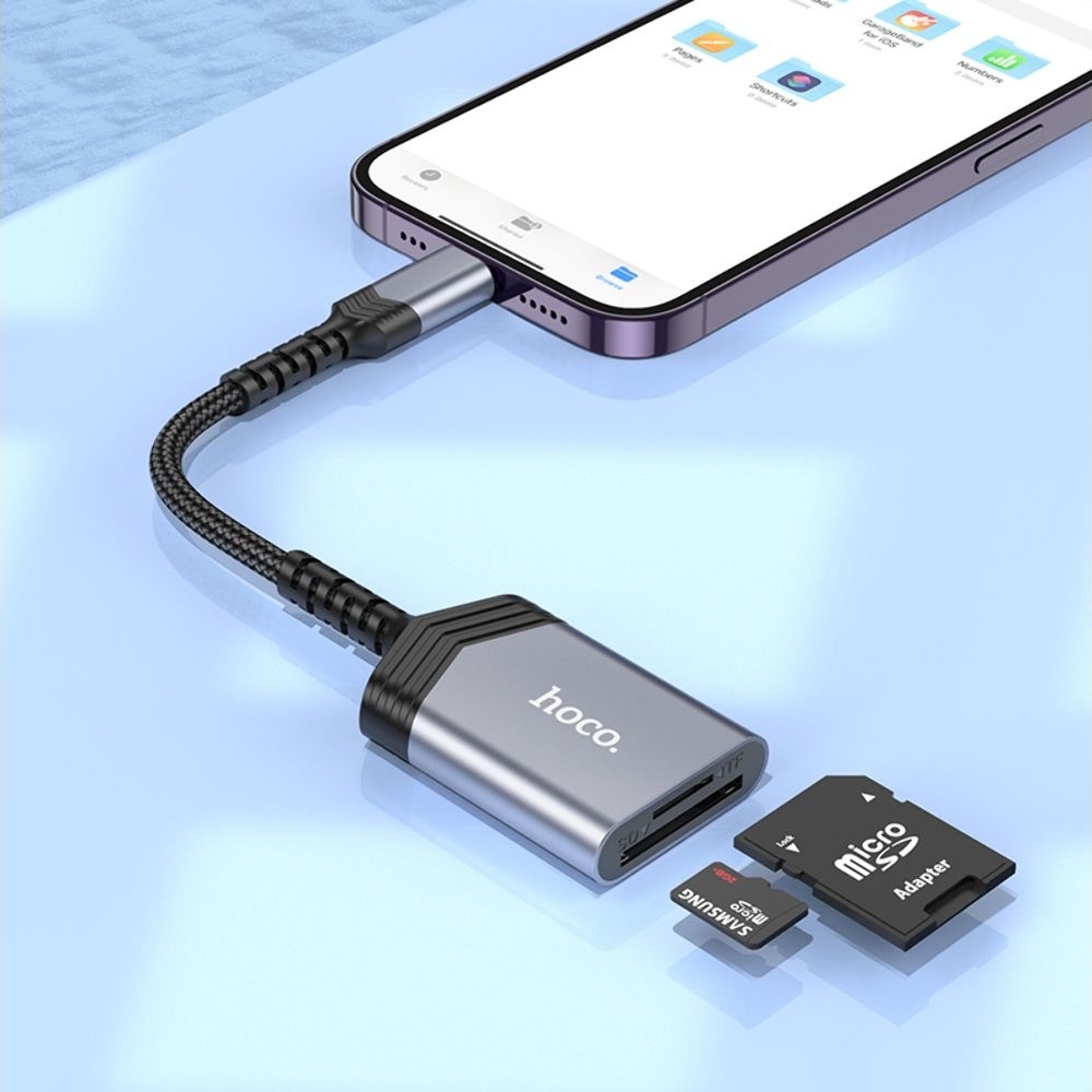 Адаптер переходник Hoco UA25 2в1 card reader Lightning серый