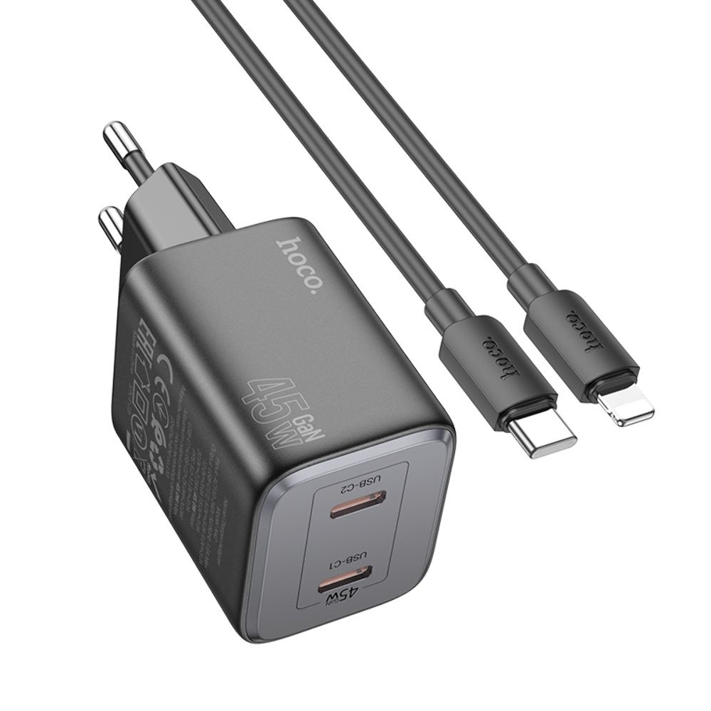 Сетевое зарядное устройство Hoco N42 2 Type-C Power Delivery (45 Вт), чорний + кабель Type-C на Lightning