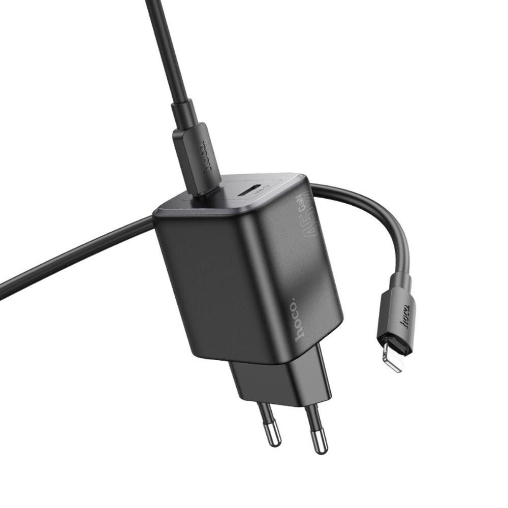 Сетевое зарядное устройство Hoco N42 2 Type-C Power Delivery (45 Вт), чорний + кабель Type-C на Lightning