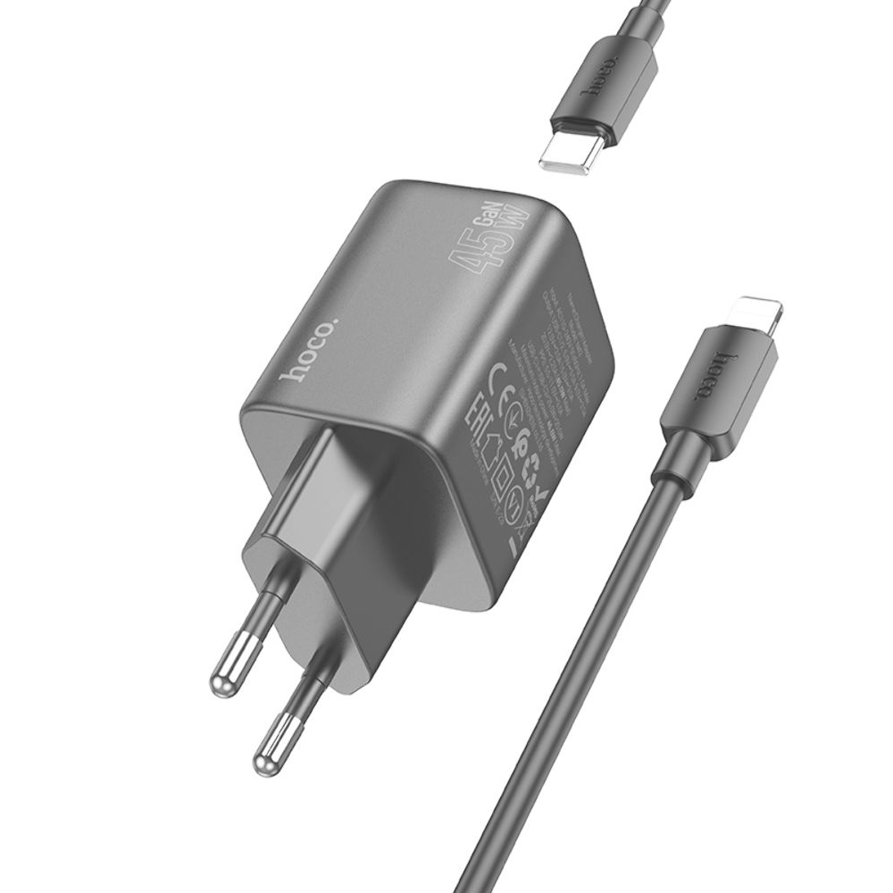 Сетевое зарядное устройство Hoco N42 2 Type-C Power Delivery (45 Вт), чорний + кабель Type-C на Lightning