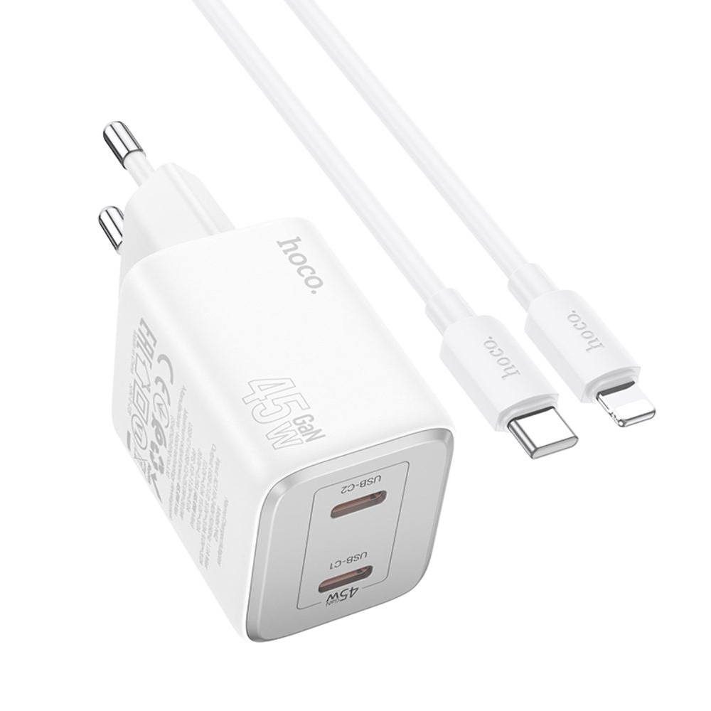 Сетевое зарядное устройство Hoco N42 2 Type-C Power Delivery (45 Вт), білий + кабель Type-C на Lightning