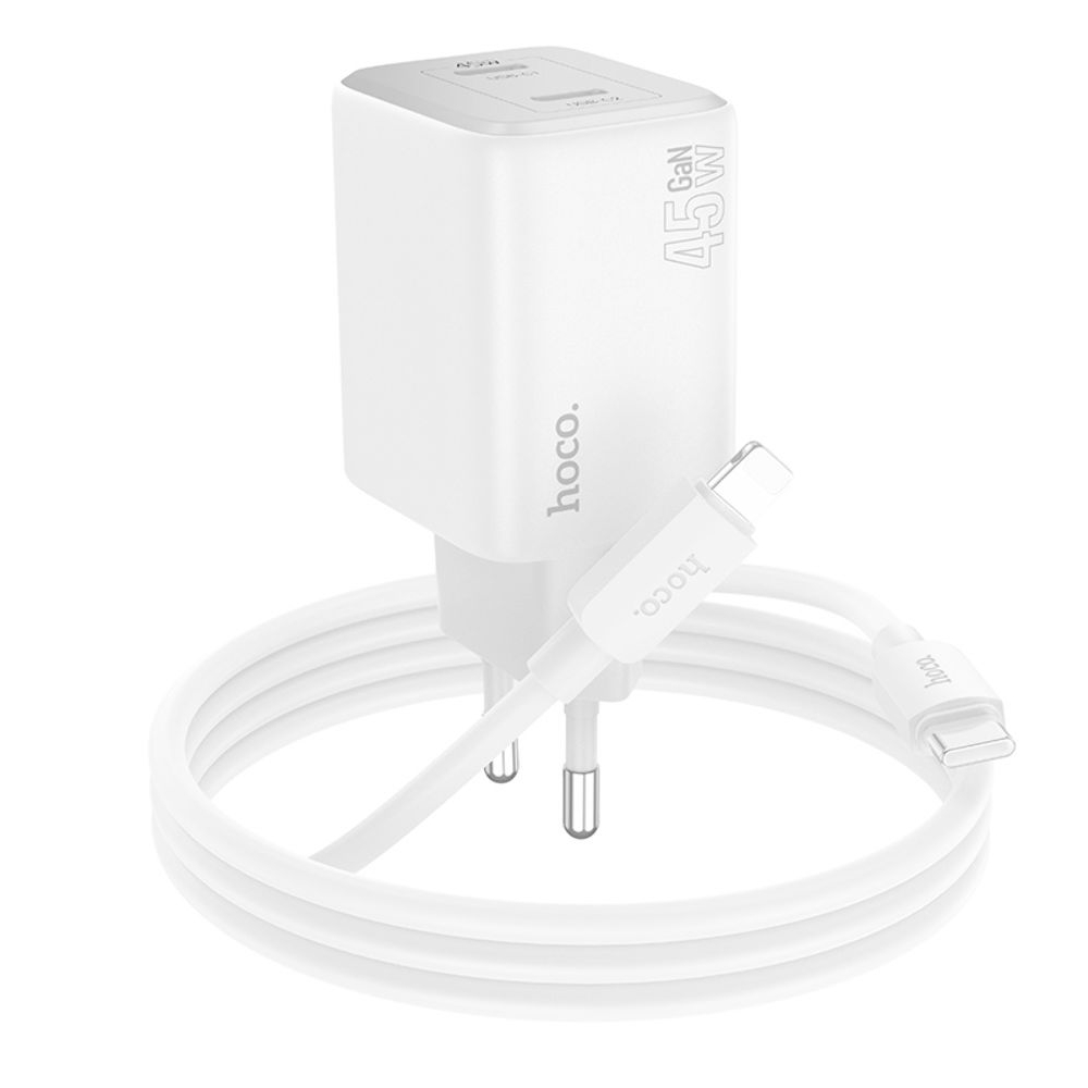 Сетевое зарядное устройство Hoco N42 2 Type-C Power Delivery (45 Вт), білий + кабель Type-C на Lightning