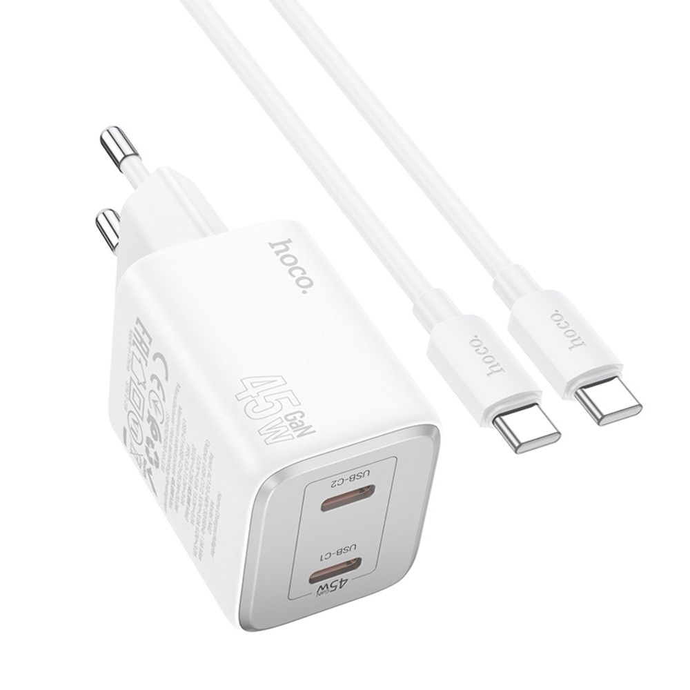 Сетевое зарядное устройство Hoco N42 2 Type-C Power Delivery (45 Вт), білий + кабель Type-C на Type-C