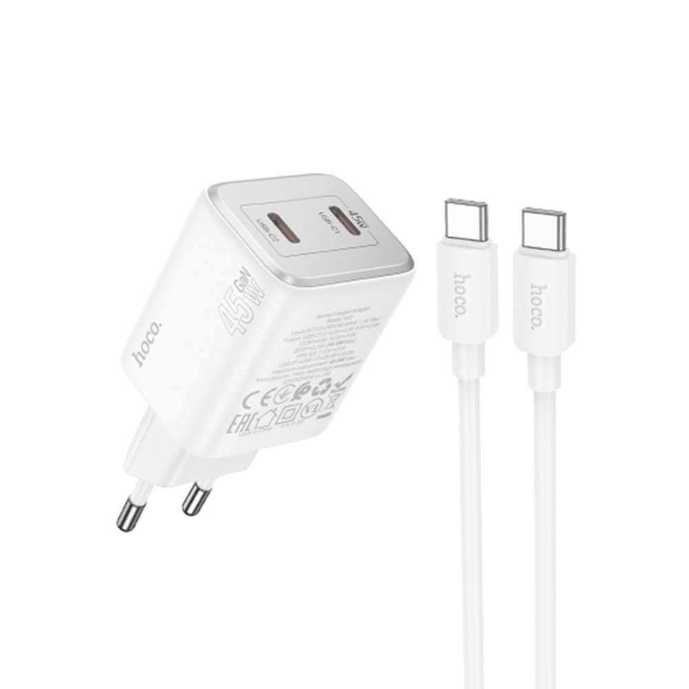 Сетевое зарядное устройство Hoco N42 2 Type-C Power Delivery (45 Вт), білий + кабель Type-C на Type-C