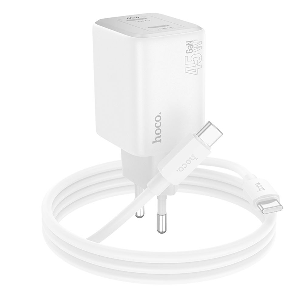Сетевое зарядное устройство Hoco N42 2 Type-C Power Delivery (45 Вт), білий + кабель Type-C на Type-C