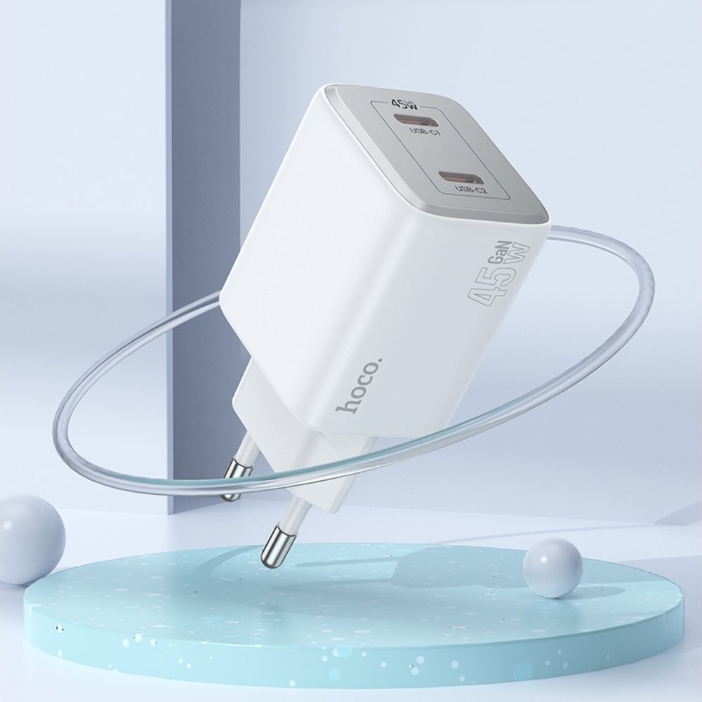 Сетевое зарядное устройство Hoco N42 2 Type-C Power Delivery (45 Вт), білий + кабель Type-C на Type-C