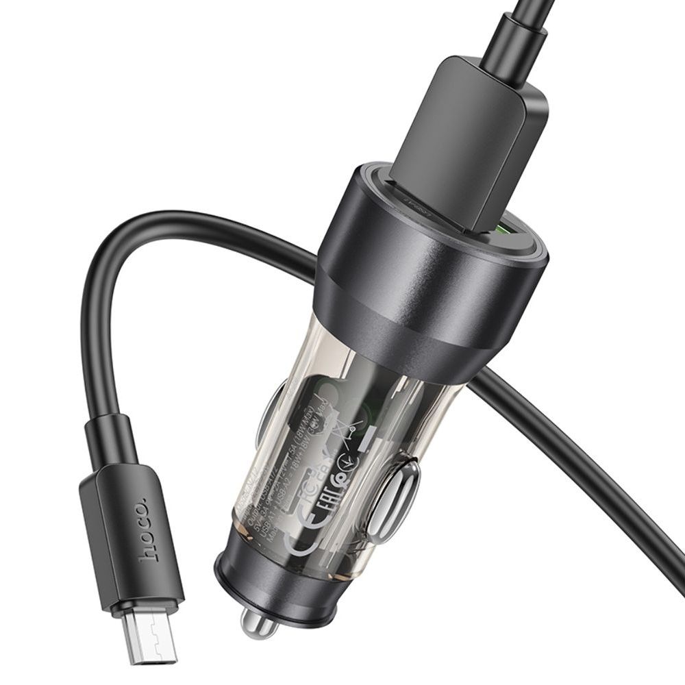 Автомобильний зарядний пристрій Hoco NZ12 2 USB, Quick Charge, 36W transparent, чорний + кабель USB to MicroUSB | зарядка, зарядное устройство