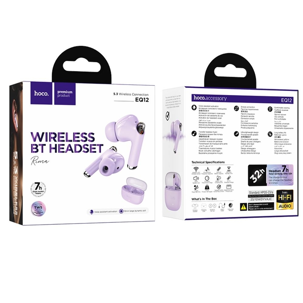 Наушники беспроводные вакуумные Hoco EQ12 TWS purple