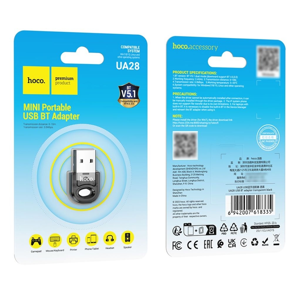 Адаптер переходник Hoco UA28 USB to, Bluetooth transparent, чорний