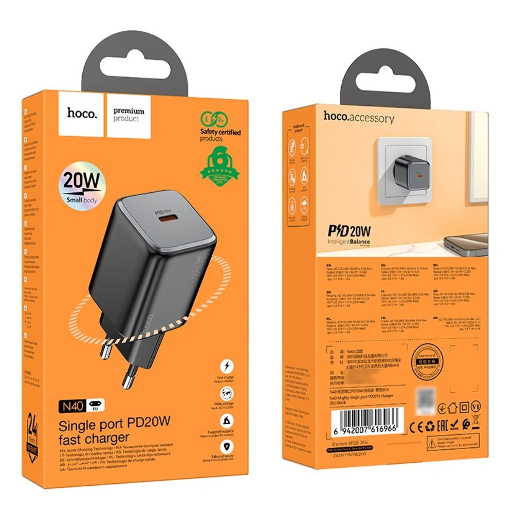Сетевое зарядное устройство Hoco N40 Type-C Power Delivery (20 Вт), чорний