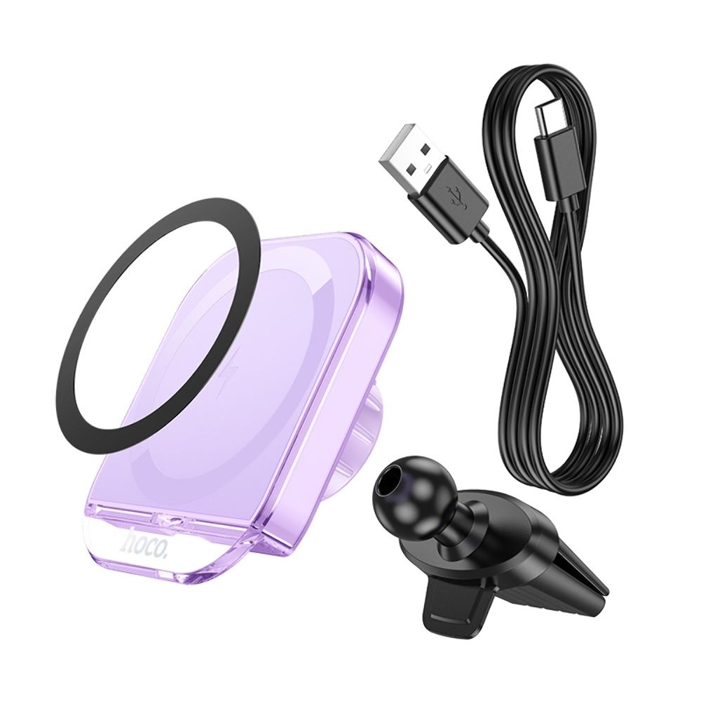 Автодержатель Hoco HW17, магнитный, с функцией беспроводной зарядки, romantic purple