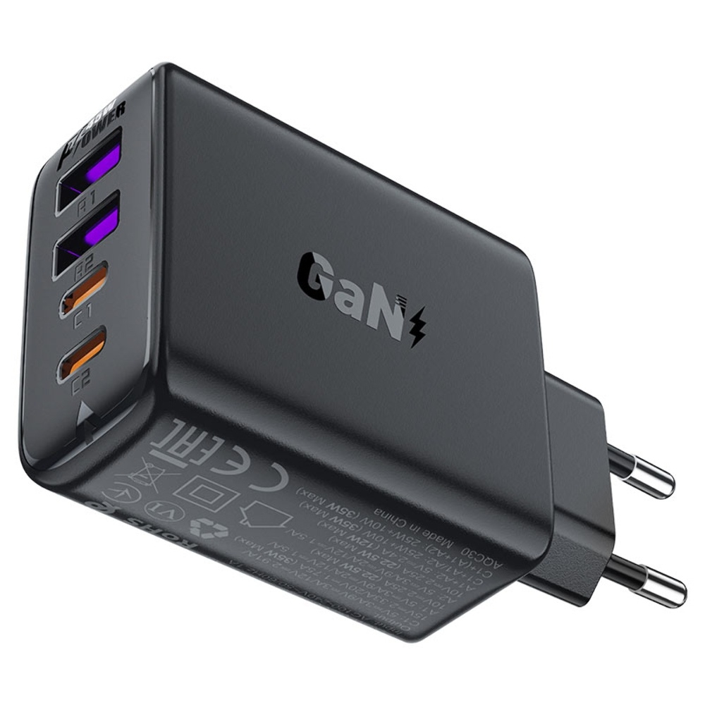 Сетевое зарядное устройство Acefast A61 2, 1 USB, 2 Type-C, Quick Charge, Power Delivery (45 Вт) черное