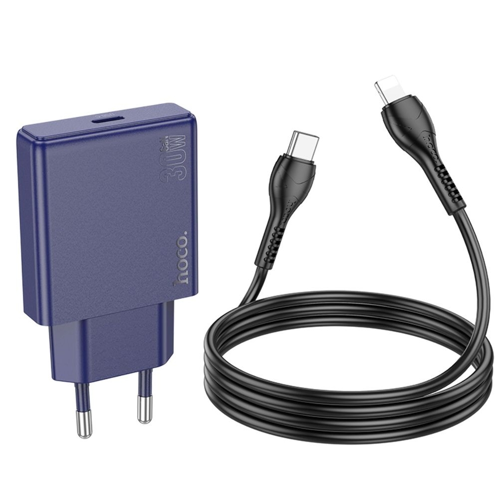 Сетевое зарядное устройство Hoco N44 Type-C PD 30W + кабель Type-C to Lightning titanium blue