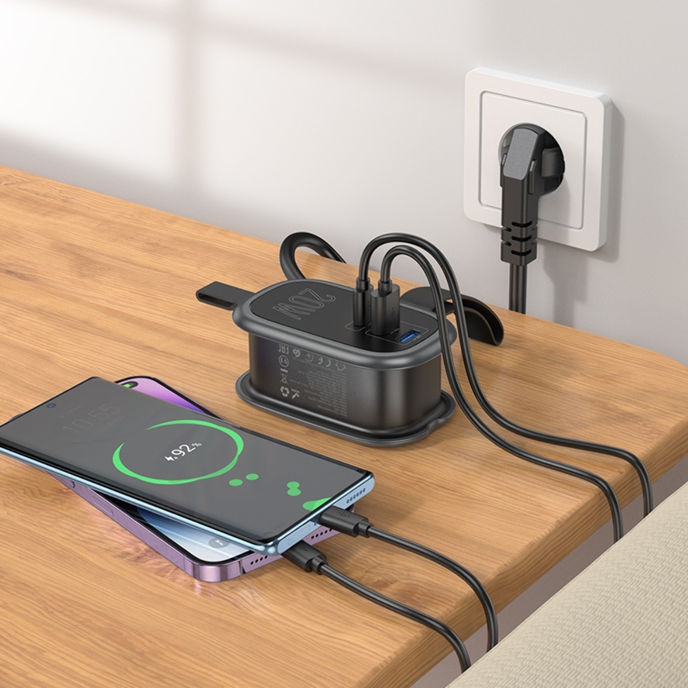 Сетевое зарядное устройство удлинитель Hoco NS7 2 USB/ Type-C PD 20W 1 розетка 1.1m black