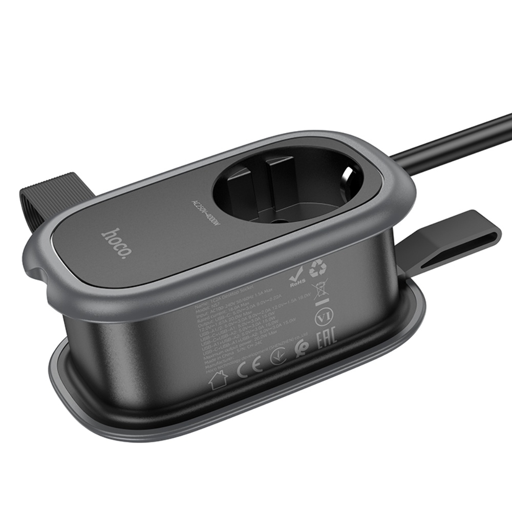Сетевое зарядное устройство удлинитель Hoco NS7 2 USB/ Type-C PD 20W 1 розетка 1.1m black