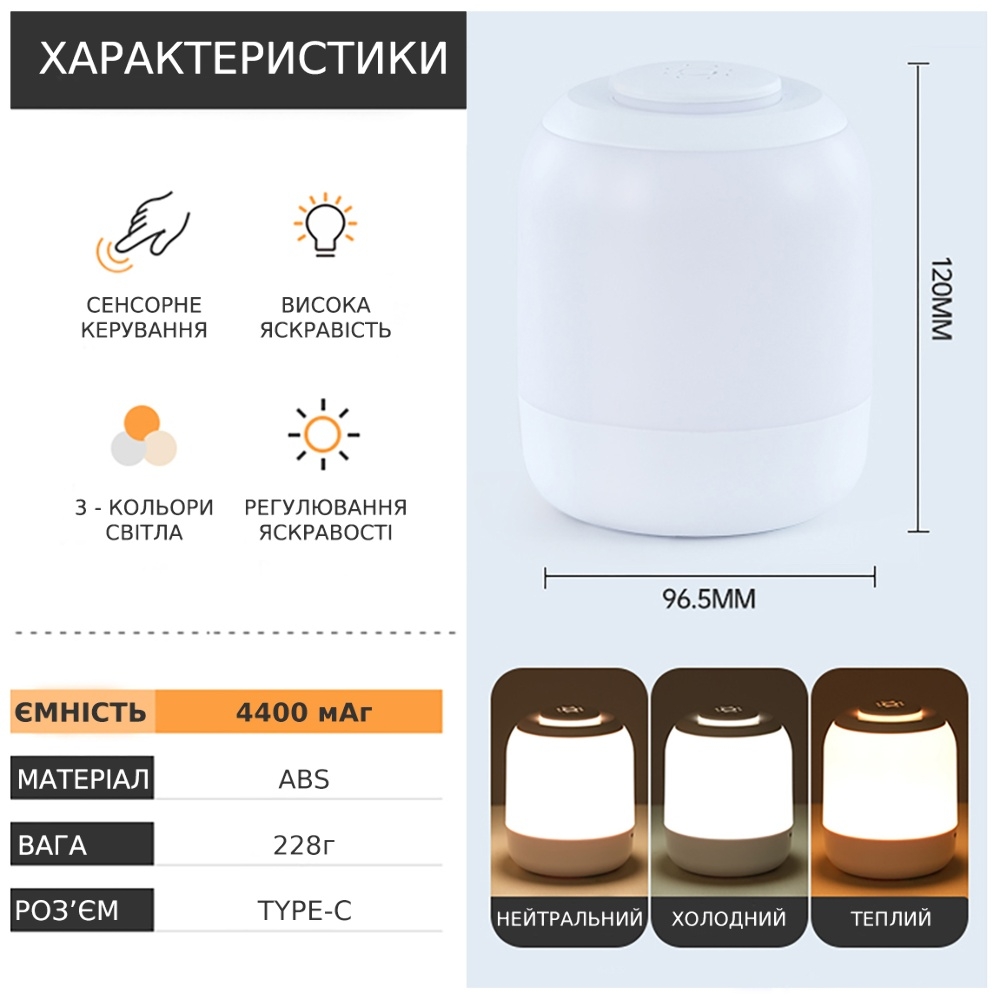 Настольный LED ночник с 3 цветами, регулировкой яркости 4000 mAh белый