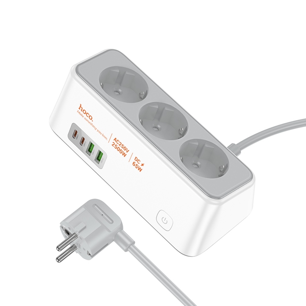 Сетевое зарядное устройство удлинитель Hoco AC23 2 USB/ 2 Type-C PD 65W 3 розетки 2m white