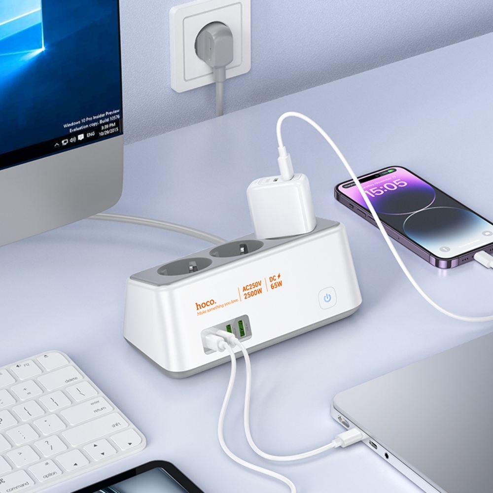 Сетевое зарядное устройство удлинитель Hoco AC23 2 USB/ 2 Type-C PD 65W 3 розетки 2m white