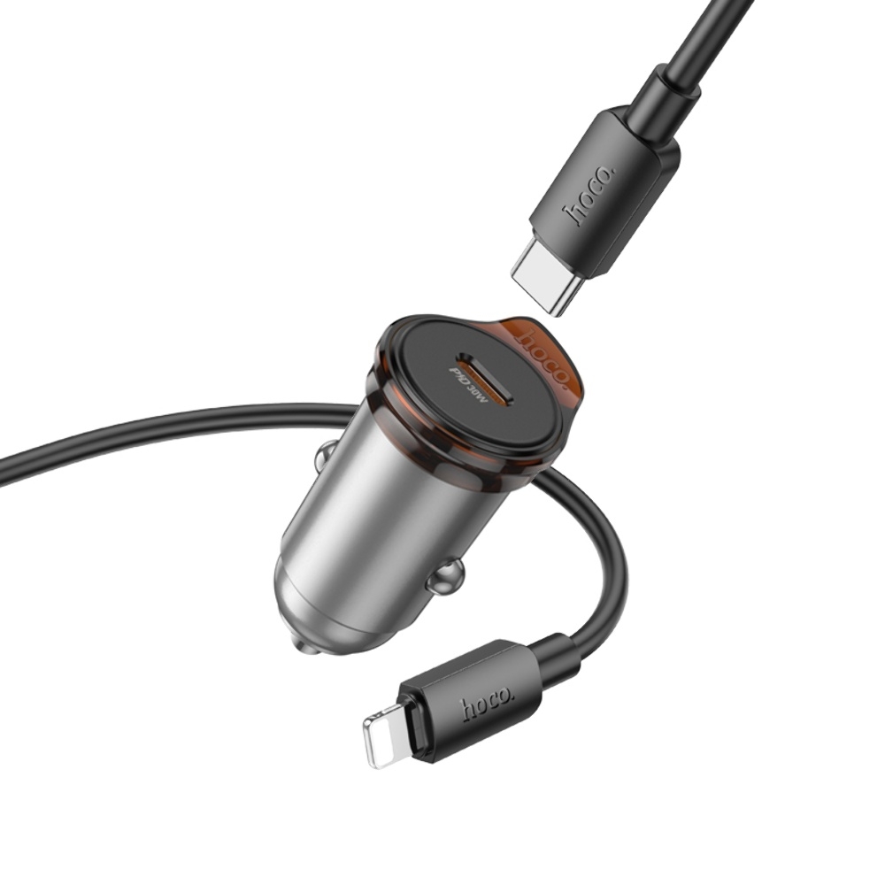 Автомобильное зарядное устройство Hoco NZ16 Type-C PD 30W metal grey + кабель Type-C to Lightning