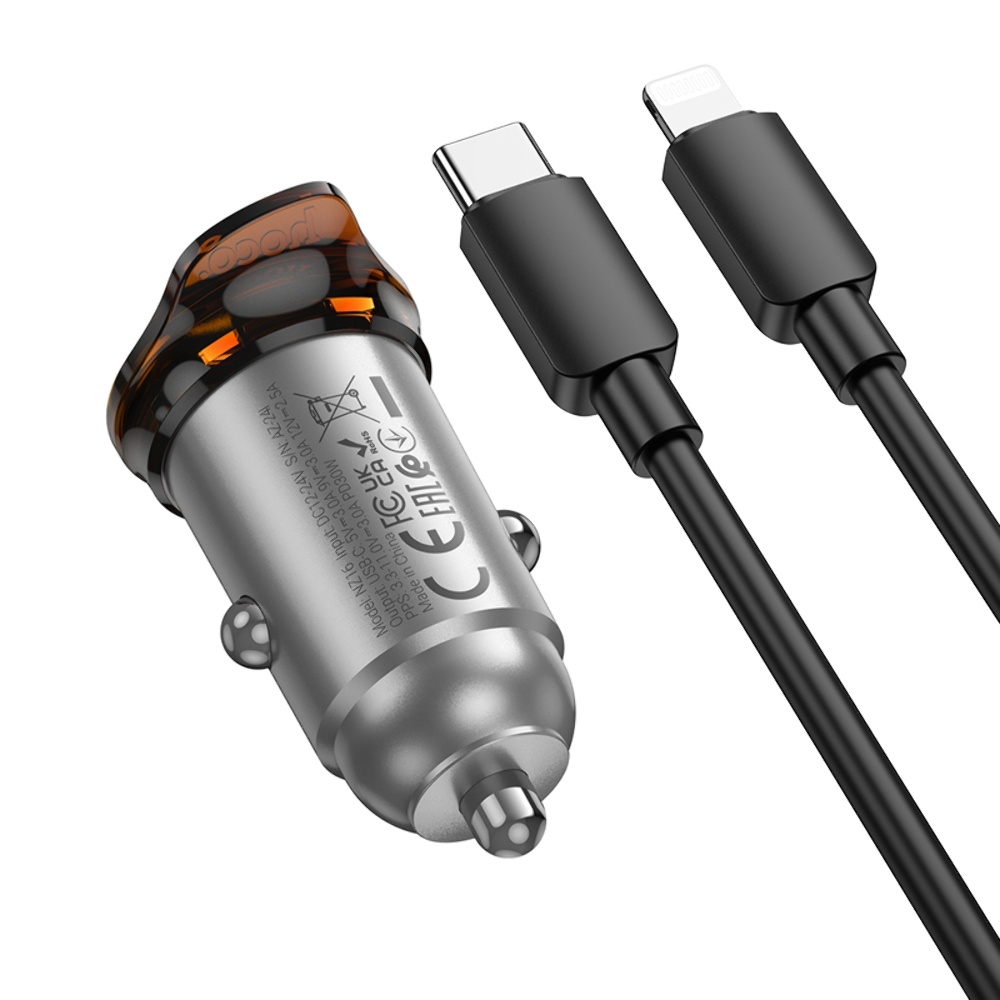 Автомобильное зарядное устройство Hoco NZ16 Type-C PD 30W metal grey + кабель Type-C to Lightning