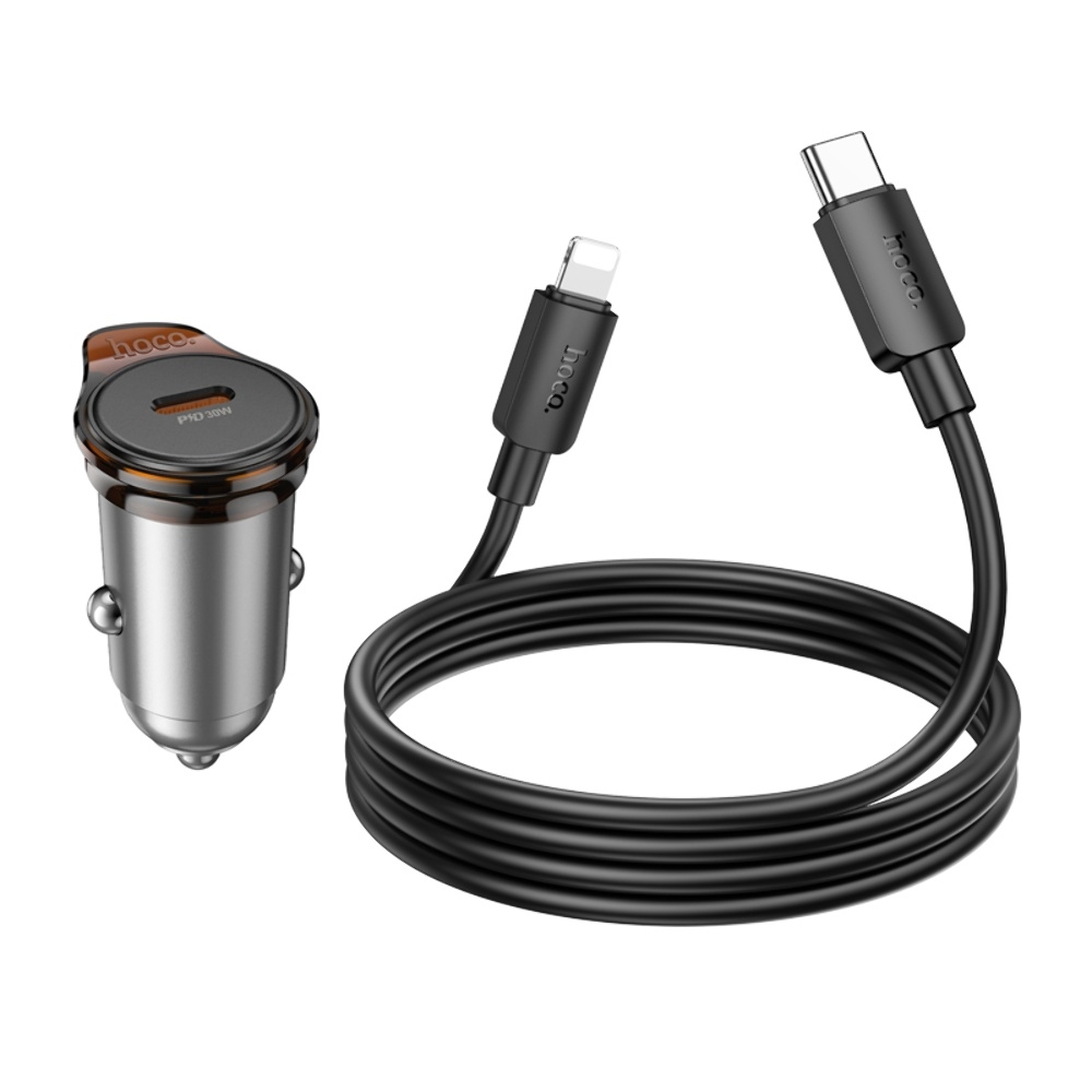 Автомобильное зарядное устройство Hoco NZ16 Type-C PD 30W metal grey + кабель Type-C to Lightning