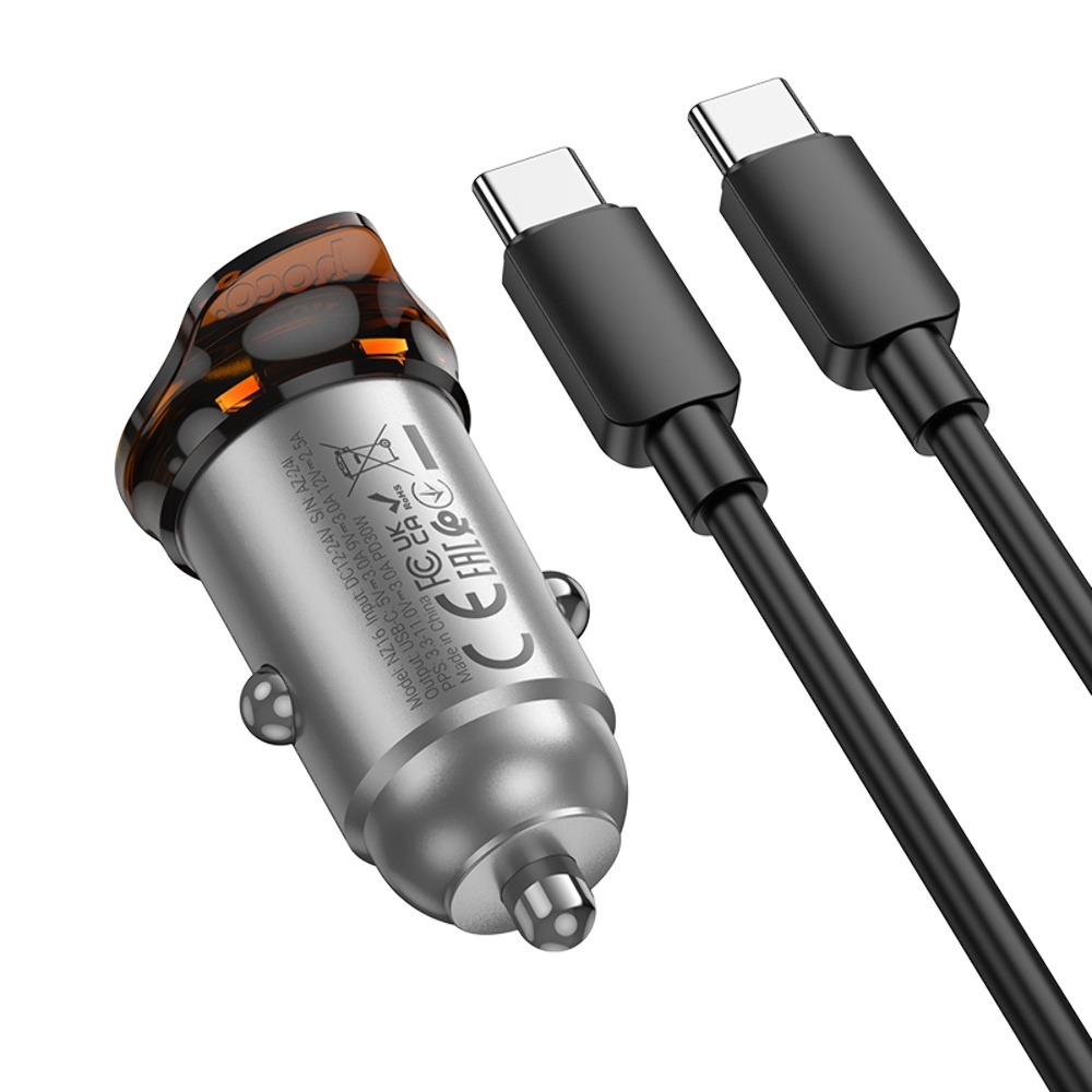 Автомобильное зарядное устройство Hoco NZ16 Type-C PD 30W metal grey + кабель Type-C to Type-C