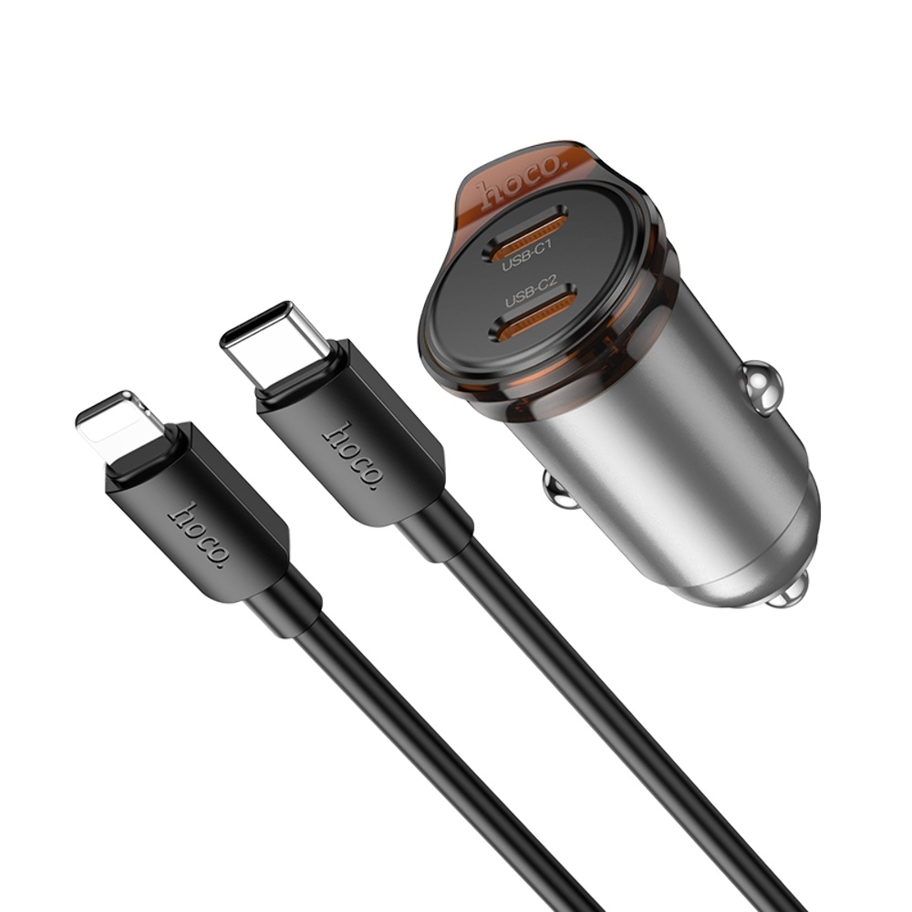 Автомобильное зарядное устройство Hoco NZ16B 2 Type-C PD 45W metal grey + кабель Type-C to Lightning