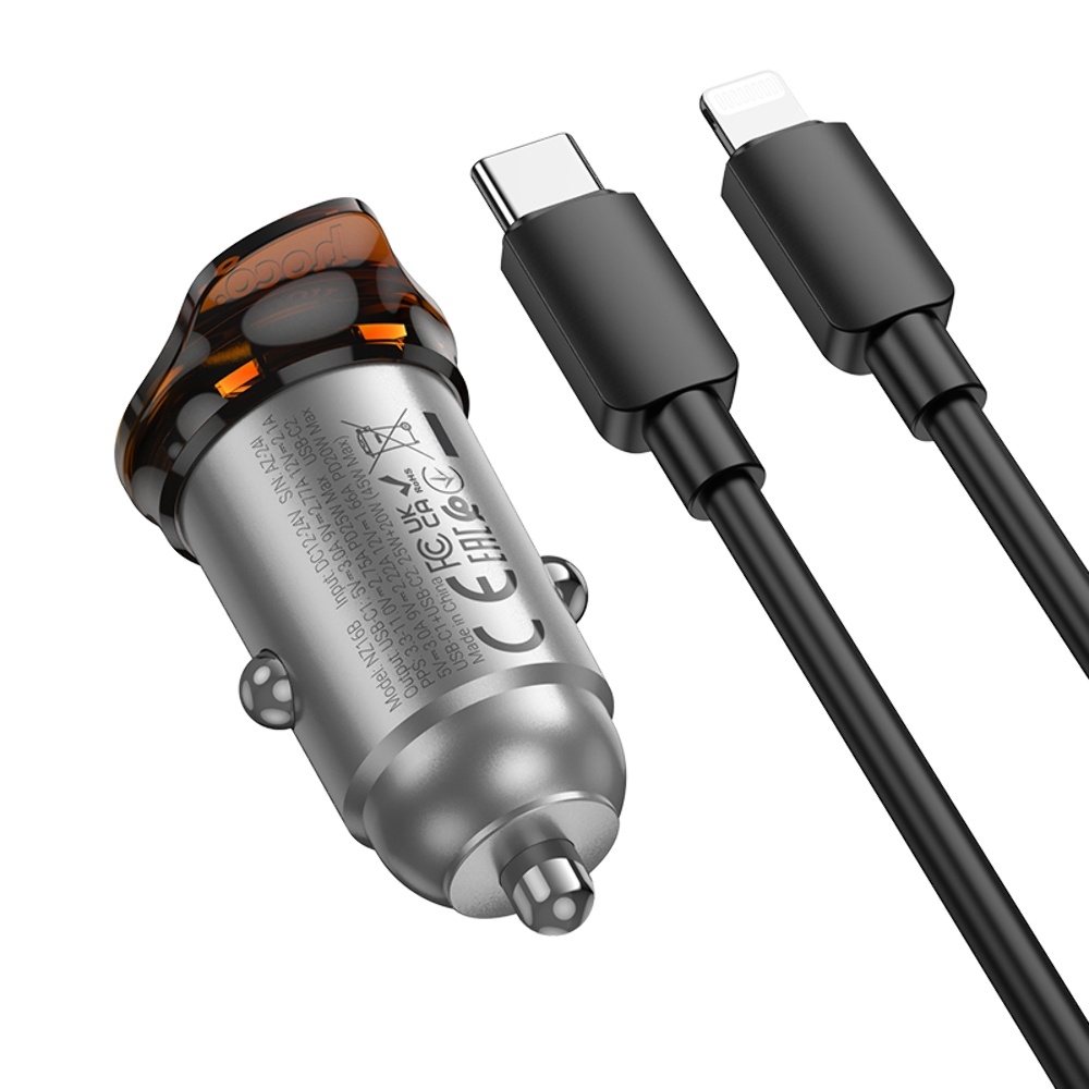 Автомобильное зарядное устройство Hoco NZ16B 2 Type-C PD 45W metal grey + кабель Type-C to Lightning