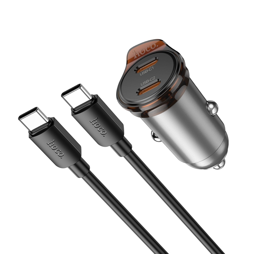 Автомобильное зарядное устройство Hoco NZ16B 2 Type-C PD 45W metal grey + кабель Type-C to Type-C