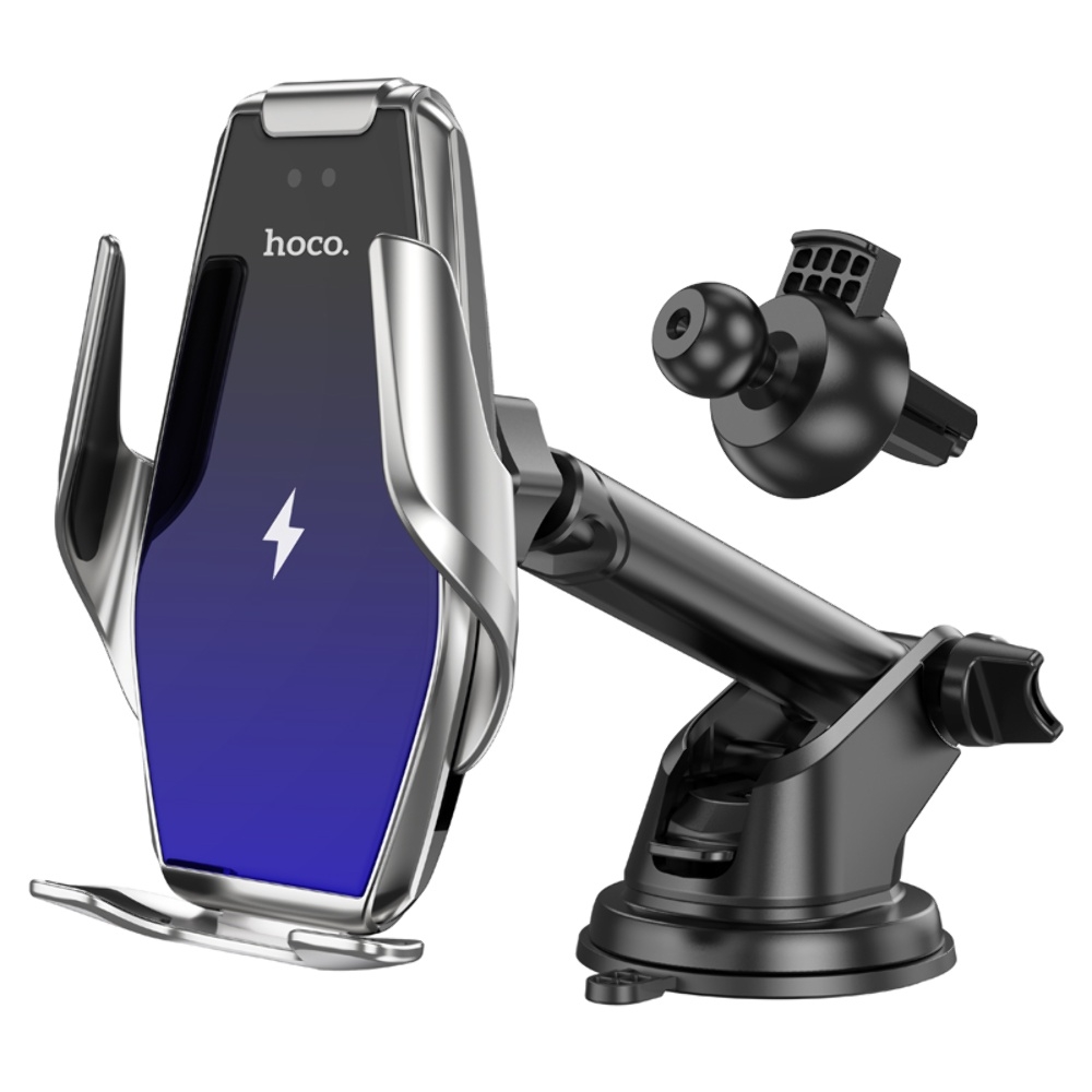 Автодержатель с беспроводной зарядкой Hoco S14 + Wireless silver