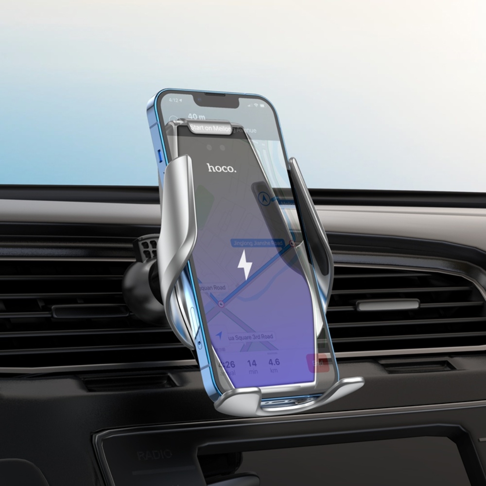 Автодержатель с беспроводной зарядкой Hoco S14 + Wireless silver