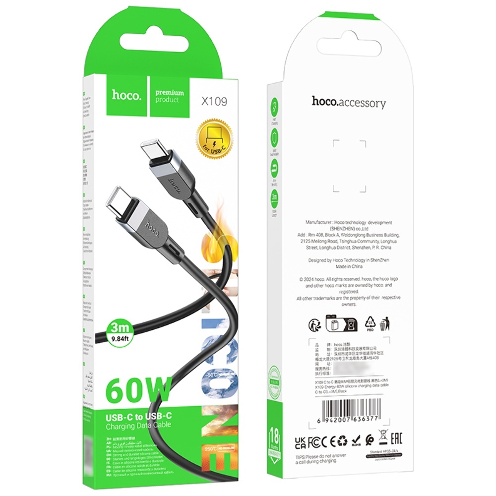 Кабель Hoco X109 Type-C to Type-C PD 60W 3m black