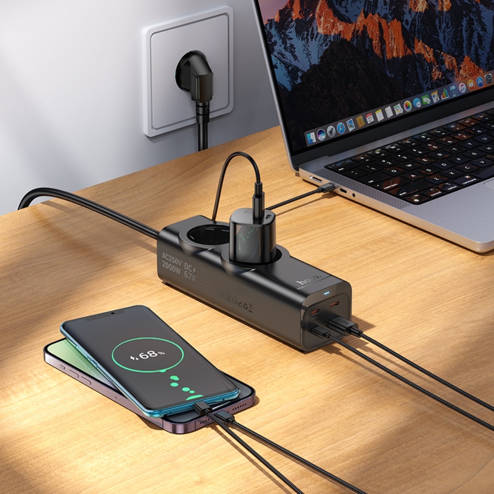 Сетевое зарядное устройство удлинитель Hoco NS10 USB/ 3 Type-C PD 67W 2 розетка 2m black