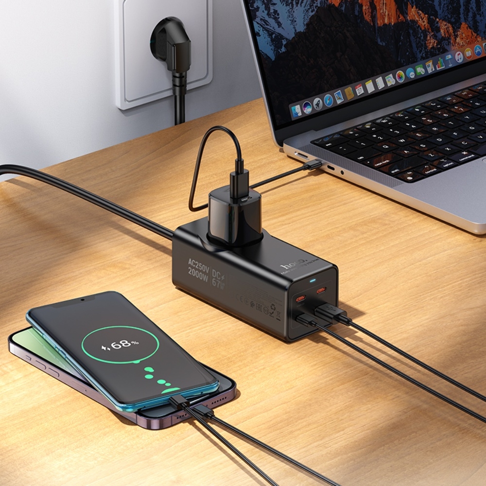 Сетевое зарядное устройство удлинитель Hoco NS9 USB/ 3 Type-C PD 67W 1 розетка 2m black