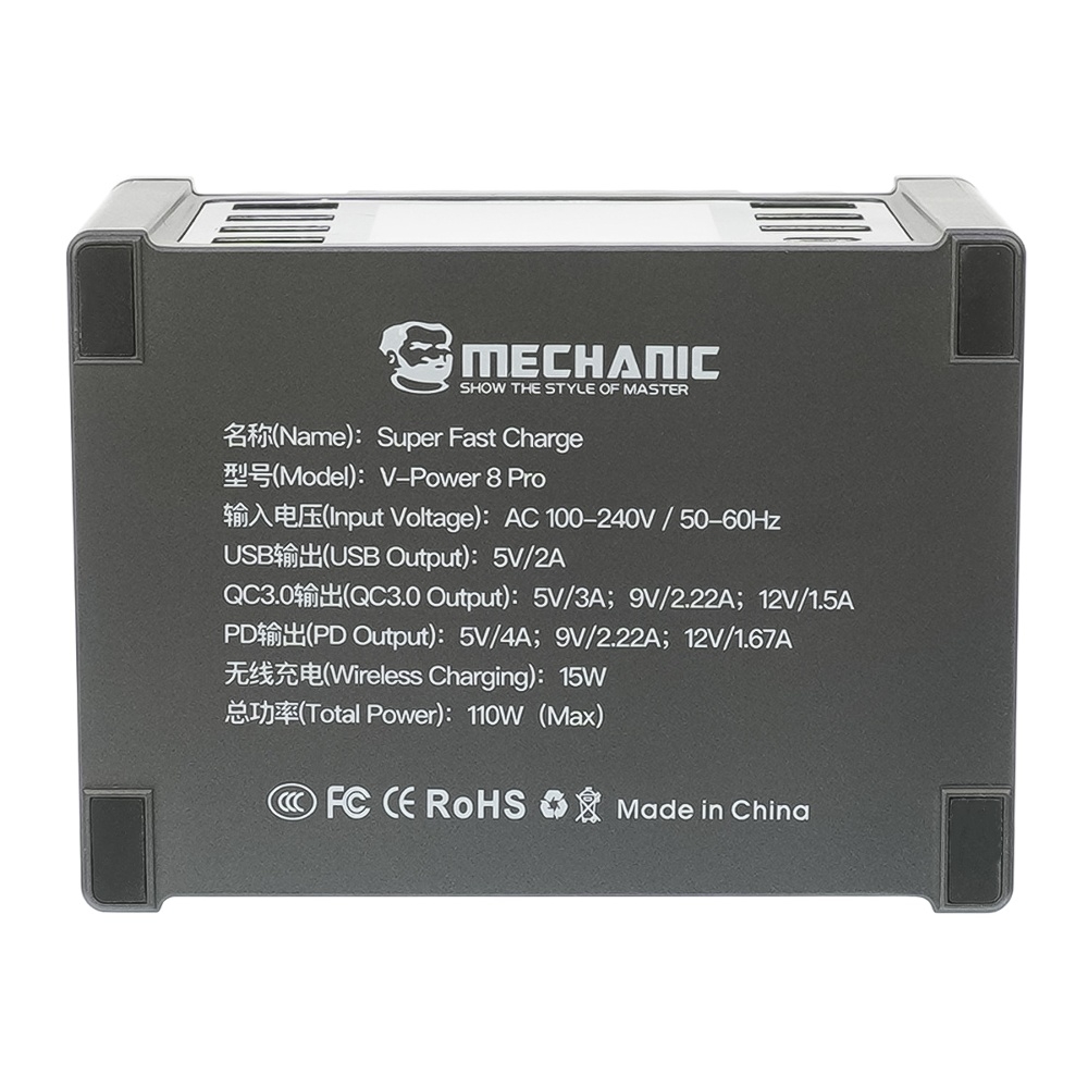 Зарядная станция с индикацией параметров зарядки Mechanic V- Power 8 Pro 110W (6 USB 2.4А/ 1 USB QC 3A/ 1 Type C - PD 20W/ Wireless fast charging 15W)