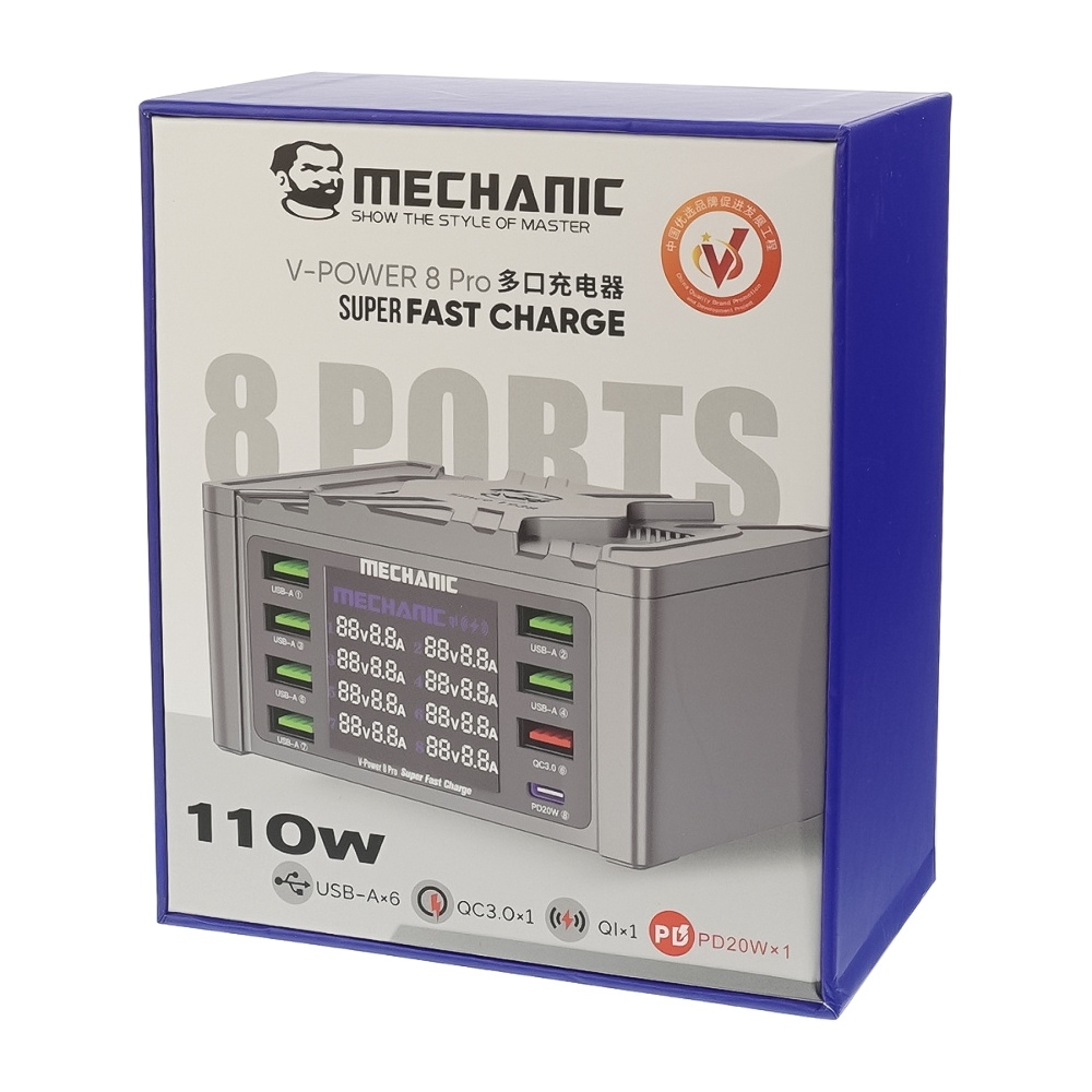 Зарядная станция с индикацией параметров зарядки Mechanic V- Power 8 Pro 110W (6 USB 2.4А/ 1 USB QC 3A/ 1 Type C - PD 20W/ Wireless fast charging 15W)