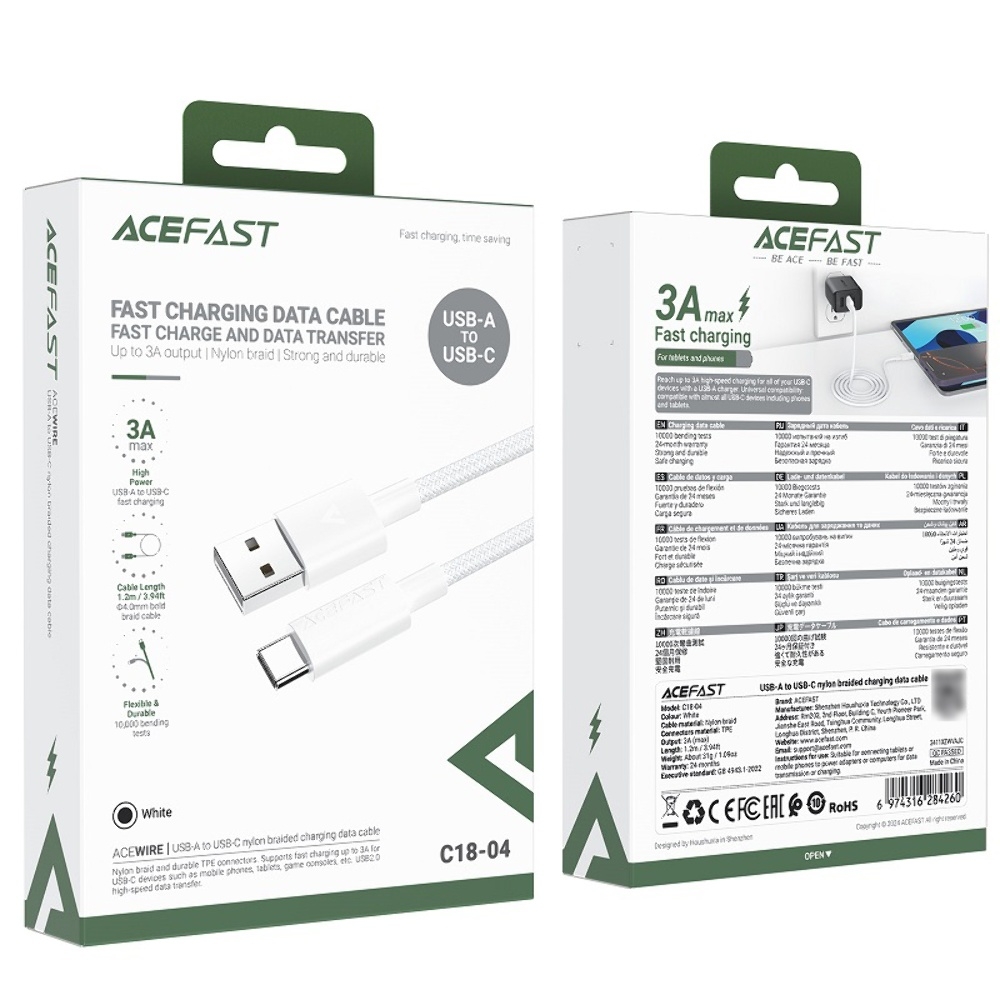 Кабель Acefast C18-04 USB to Type-C PD 1.2m white