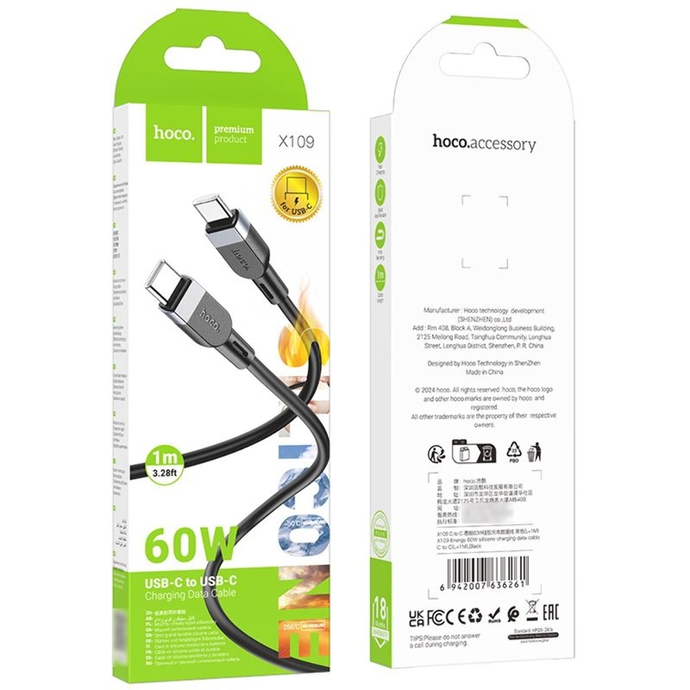 Кабель Hoco X109 Type-C to Type-C PD 60W 1m black