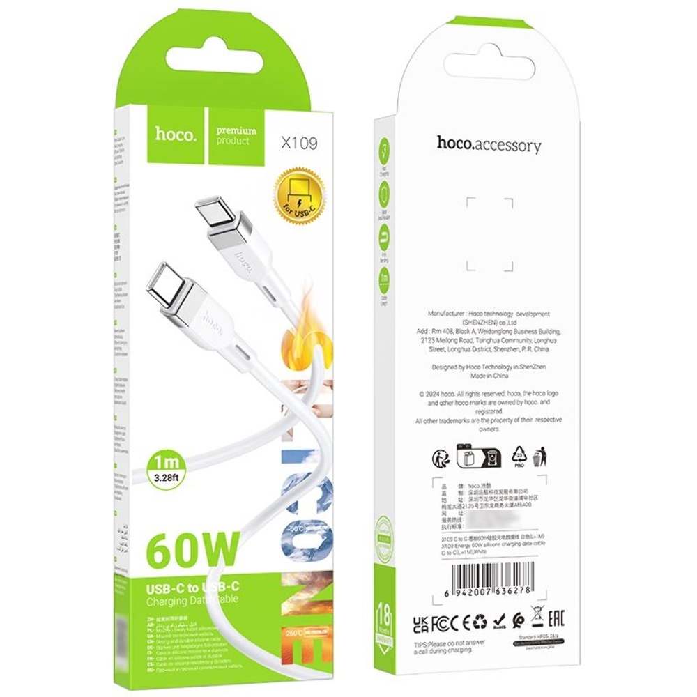 Кабель Hoco X109 Type-C to Type-C PD 60W 1m white