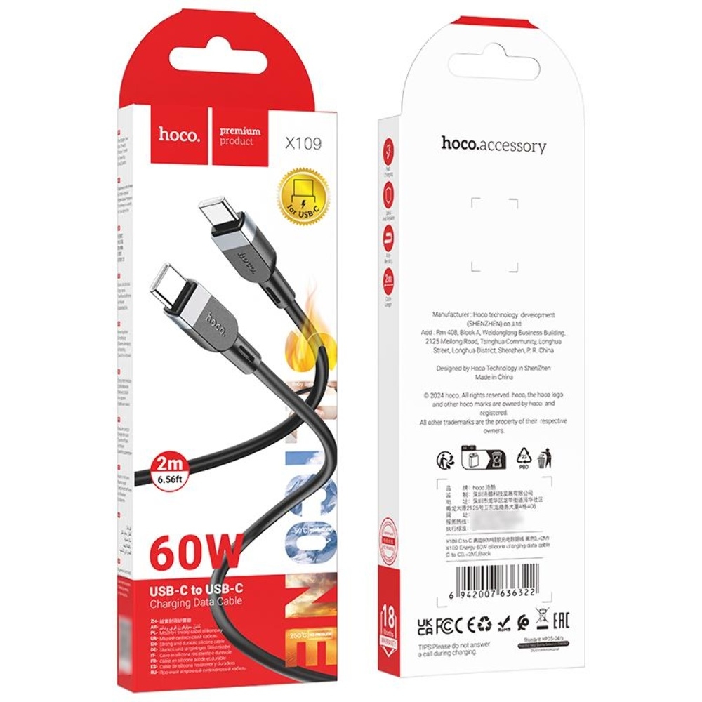 Кабель Hoco X109 Type-C to Type-C PD 60W 2m black