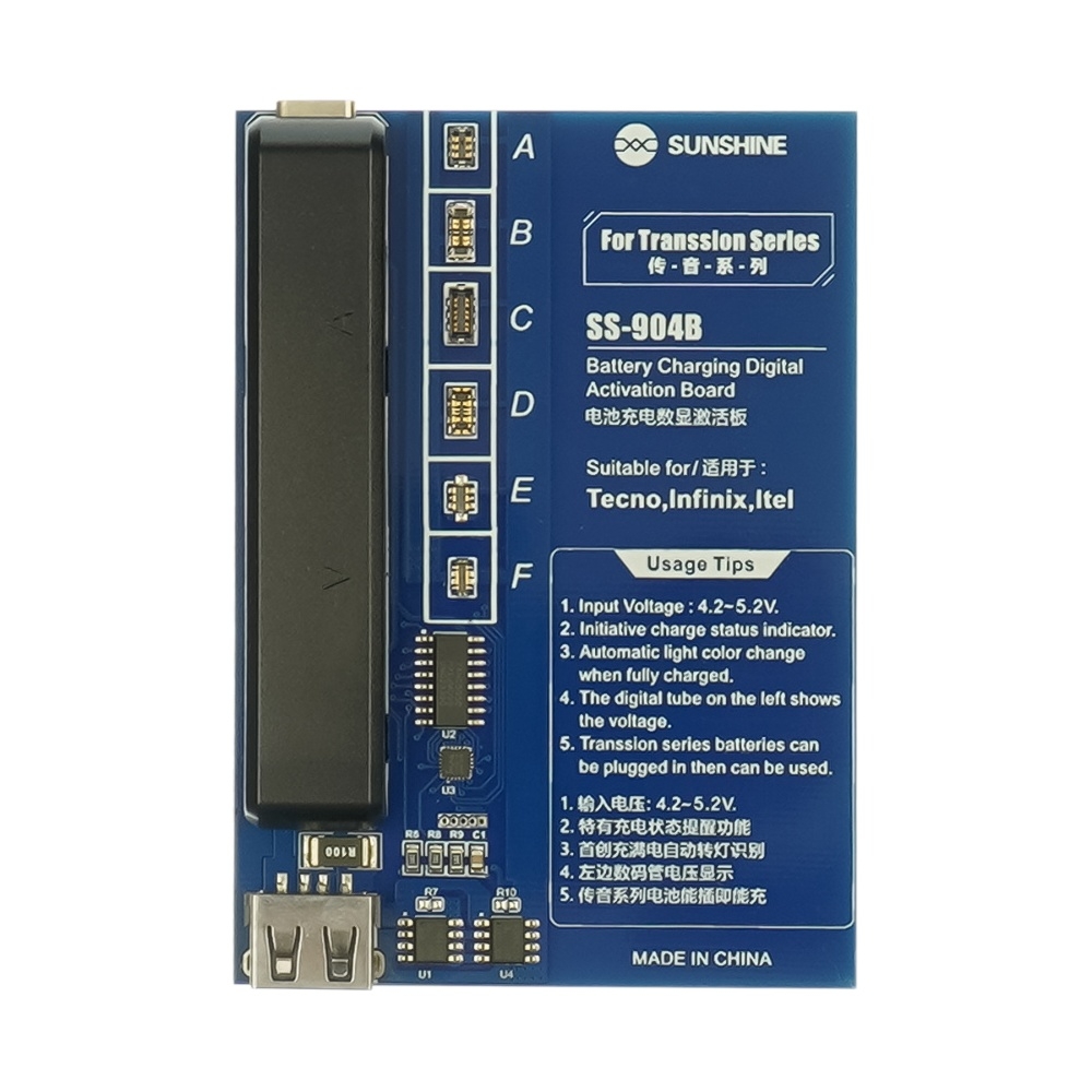 Плата активации и зарядки аккумуляторов Sunshine SS-904B с цифровой индикацией (Tecno/ Itel/ Infinix; кабели Type-C/ USB A/ штеккеры БП)