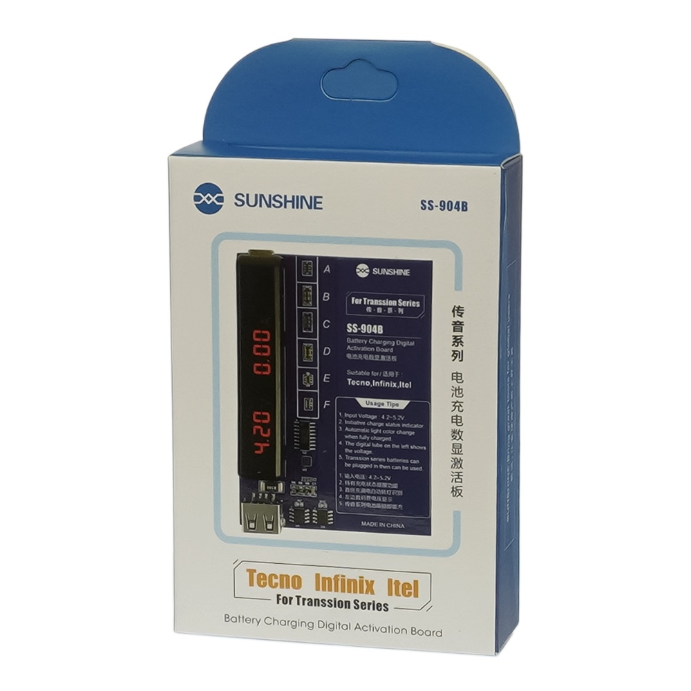 Плата активации и зарядки аккумуляторов Sunshine SS-904B с цифровой индикацией (Tecno/ Itel/ Infinix; кабели Type-C/ USB A/ штеккеры БП)