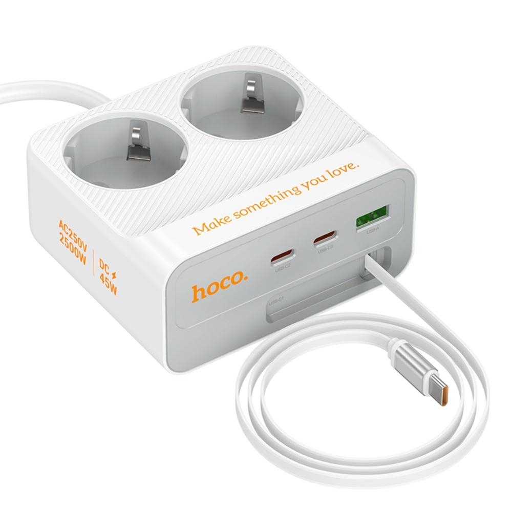 Сетевое зарядное устройство удлинитель Hoco AC28 USB/ 3 Type-C PD 45W 2 розетки 2m white
