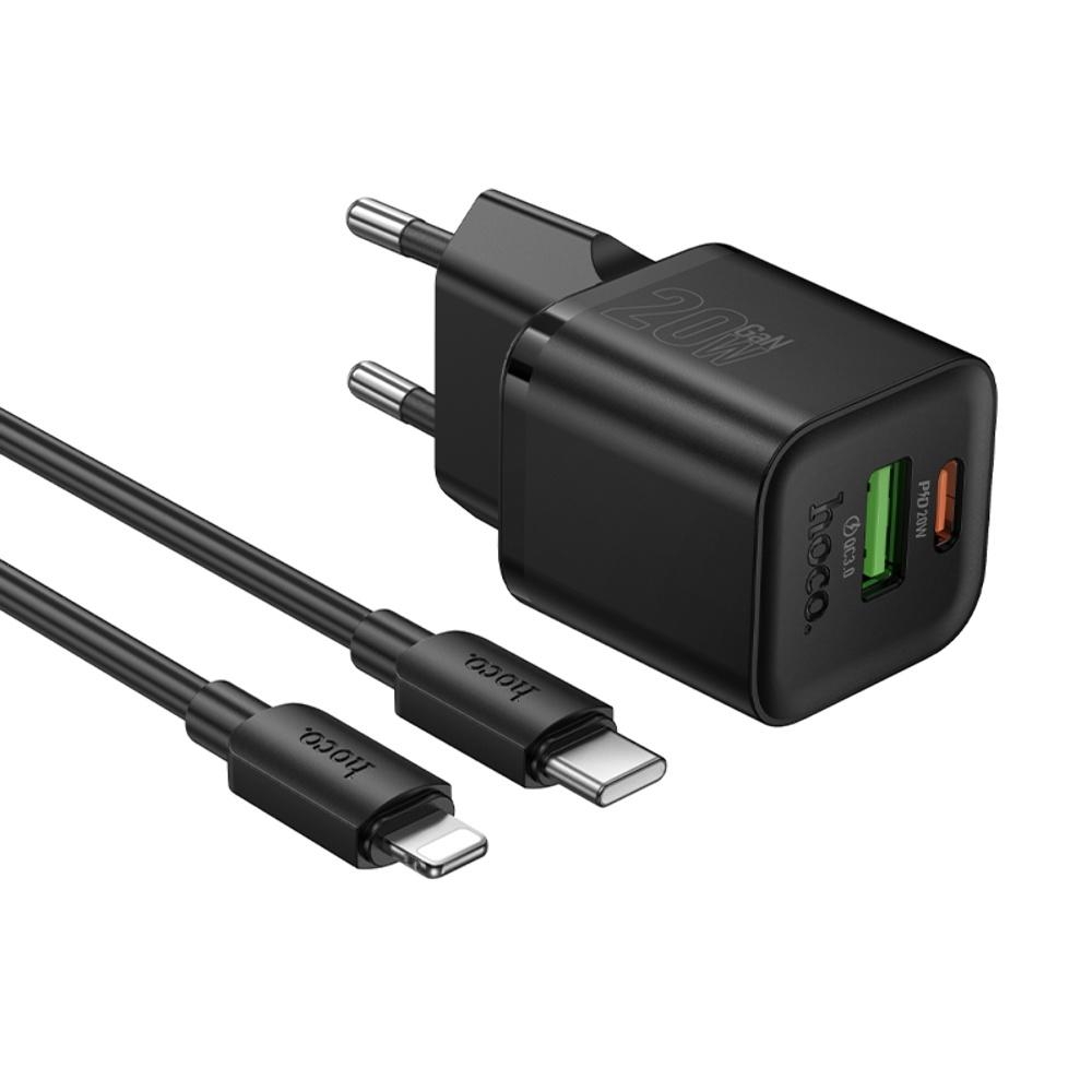 Сетевое зарядное устройство Hoco N65 USB/ Type-C PD QC black + кабель Type-C to Lightning