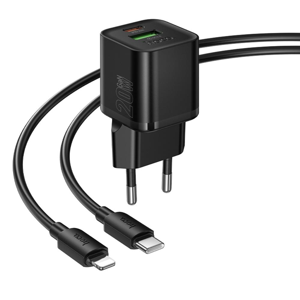 Сетевое зарядное устройство Hoco N65 USB/ Type-C PD QC black + кабель Type-C to Lightning