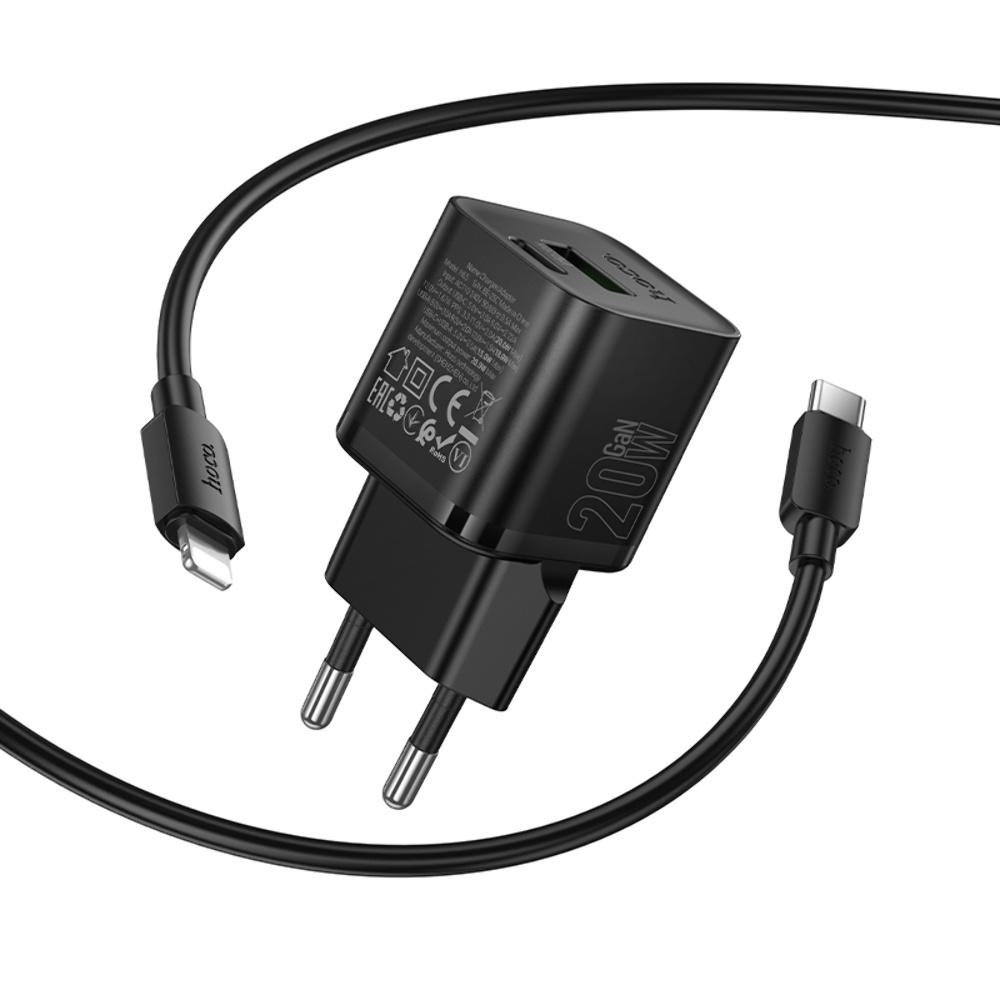 Сетевое зарядное устройство Hoco N65 USB/ Type-C PD QC black + кабель Type-C to Lightning