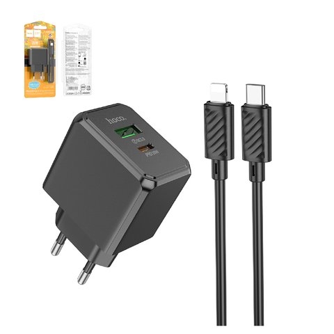 Сетевое зарядное устройство Hoco CS14A, 20 Вт, Power Delivery (PD), чорний, c кабелем USB тип-C к Lightning для Apple, 2 порта, #6942007603904